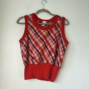 Vintage 90s Aileen Red Plaid Knit Vest Top L